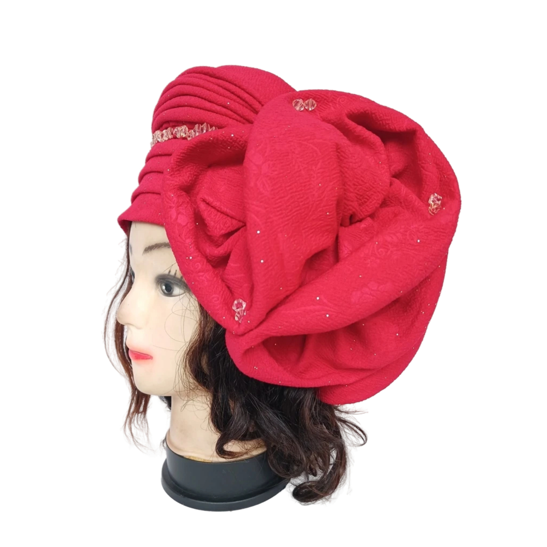 Turban rouge avec perle et grosse fleur