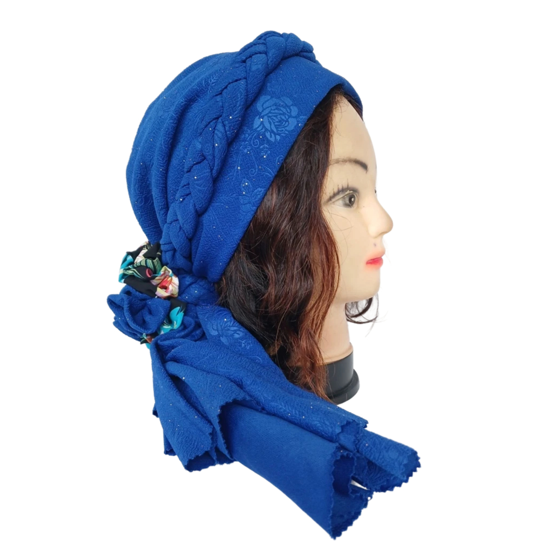 Turban bleu avec bande natté et noeud arrière