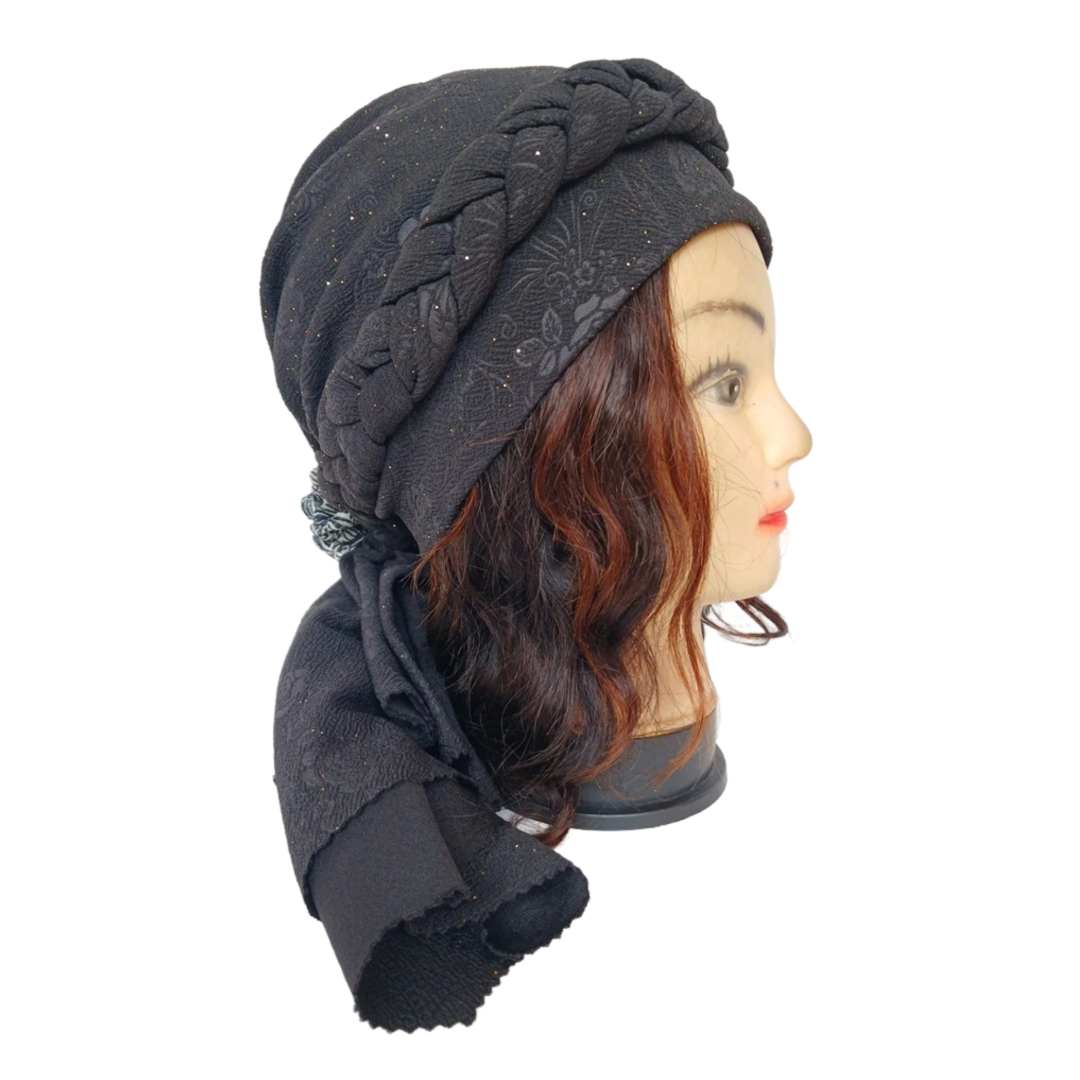 Turban noir avec bande natté et noeud arrière