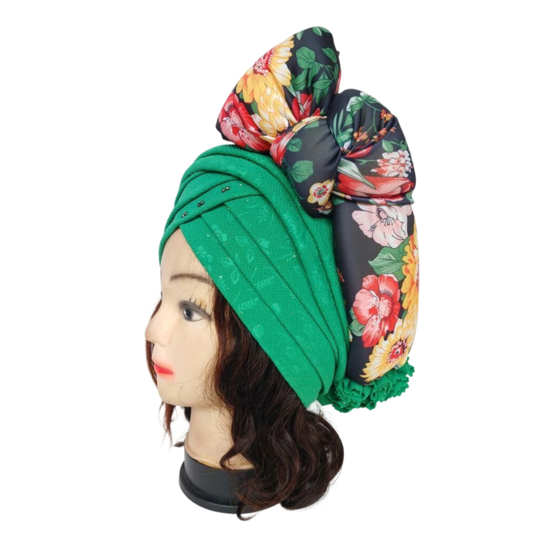 Turban vert avec nœud fleuri