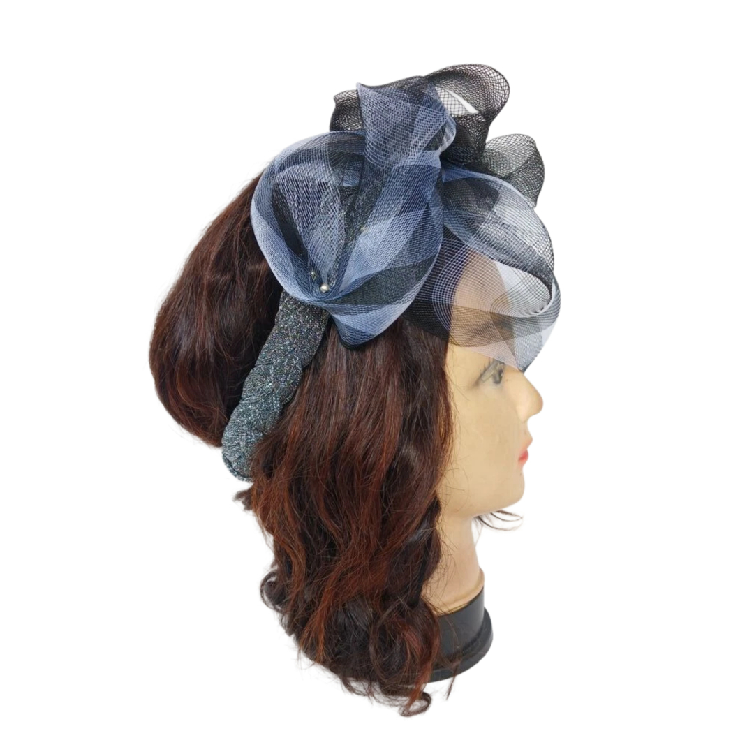 Bandeau natté argenté avec fleur en crinoline