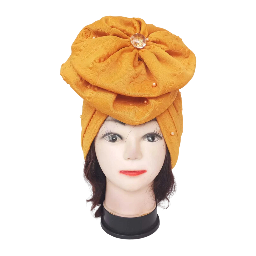 Turban jaune moutarde avec fleur