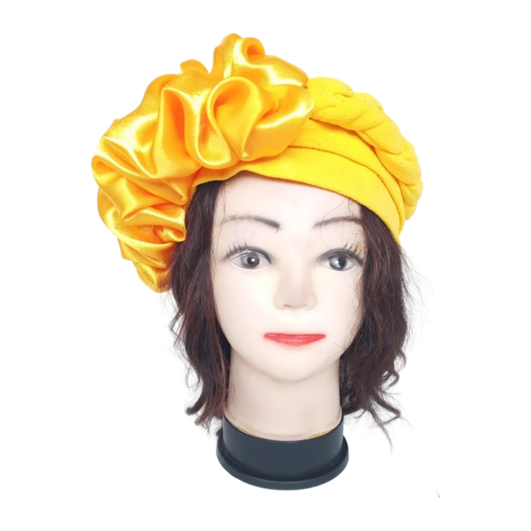 Turban jaune avec bande natté et fleur