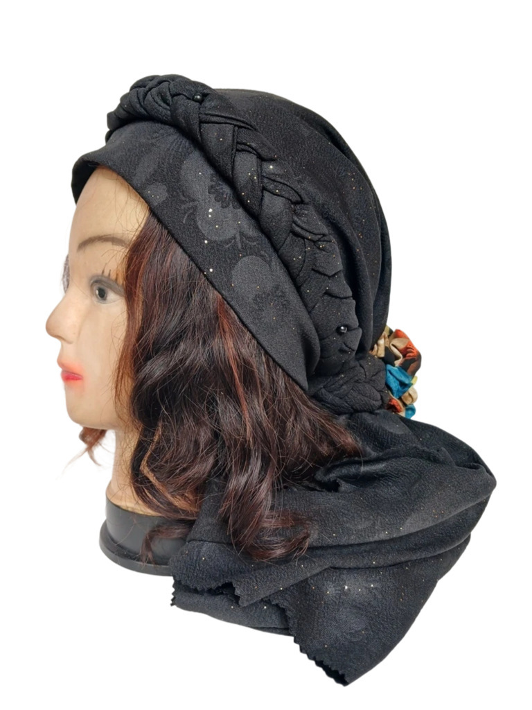 Turban noir avec bande natté et noeud arrière